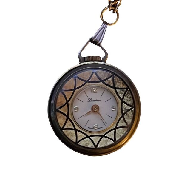 Vintage Lucerne Time Piece Pocket Watch Pendent Gold Tone Chain Necklace - Picture 2 of 4